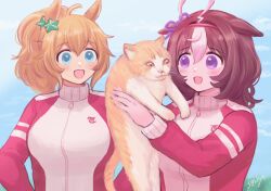 2girls :d animal animal_ears blonde_hair blush bow breasts brown_hair cat commentary_request ear_ribbon floppy_ears hair_ornament high_ponytail holding holding_animal holding_cat horse_girl jacket jinno_shigure medium_breasts medium_hair meisho_doto_(umamusume) meto_(cat) multiple_girls open_mouth outdoors ponytail purple_eyes purple_ribbon red_jacket ribbon smile star_(symbol) star_hair_ornament taiki_shuttle_(umamusume) tracen_training_uniform track_jacket umamusume upper_body white_hair yellow_cat zipper