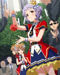 beard belt black_hair blue_skirt brown_eyes brown_hair building buttons card_(medium) crown facial_hair frilled_skirt frills game_cg grey_hair hagiwara_yukiho idol_clothes idolmaster idolmaster_million_live! idolmaster_million_live!_theater_days leaf makabe_mizuki mini_crown motion_blur necktie official_art old old_man open_mouth purple_hair shiny_trinity_(idolmaster) skirt smile sunglasses wrist_cuffs yellow_eyes