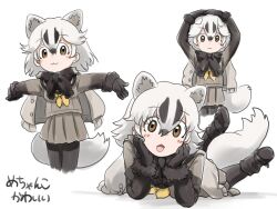1girl :3 arms_up aw_r0s badger_ears badger_girl badger_tail black_hair blush brown_eyes brown_fur brown_gloves brown_pantyhose brown_skirt brown_sweater extra_ears fur_collar fur_trim gloves hair_between_eyes head_on_hand highres japanese_badger_(kemono_friends) kemono_friends long_sleeves looking_at_viewer lying multicolored_hair multiple_views neckerchief on_stomach open_mouth pantyhose pleated_skirt sailor_collar school_uniform serafuku short_hair sidelocks skirt smile sweater sweater_around_neck translation_request two-tone_hair white_hair yellow_neckerchief