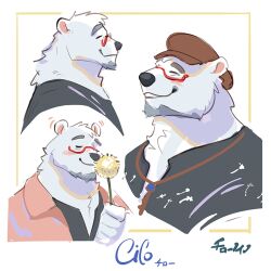 1boy bara bear bear_boy brown_hat cilohnoino closed_eyes cropped_torso dandelion facial_hair flower furry furry_male goatee hat holding holding_flower jewelry key key_necklace male_focus necklace original parted_lips polar_bear red-framed_eyewear simple_background white_fur
