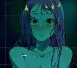 1girl alien_stage commentary dark english_commentary highres light_smile long_hair misakibee mizi_(alien_stage) parted_lips pink_hair signature solo tile_wall tiles yellow_eyes