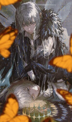 Rule 34 | 2boys, alternate hair color, arthropod boy, black hair, black pants, blue cloak, blue eyes, bug, butterfly, butterfly wings, cape, cloak, collared shirt, commentary request, crown, dark persona, diamond hairband, dual persona, expressionless, fate/grand order, fate (series), fur-trimmed cape, fur-trimmed cloak, fur collar, fur trim, highres, insect, insect wings, light particles, long sleeves, looking at viewer, male focus, medium hair, multiple boys, oberon (fate), oberon (third ascension) (fate), official alternate costume, orange butterfly, pants, puffy sleeves, shirt, spoilers, tassel, white hair, white shirt, wings, yorunue ro