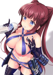 Rule 34 | 1girl, alternate hairstyle, armor, bare shoulders, black gloves, black panties, black thighhighs, blue eyes, blunt bangs, blush, bottle, breasts, cosplay, criss-cross halter, cum, cum bubble, cum in container, cum in mouth, cum on body, cum on breasts, cum on upper body, dungeon travelers 2, elbow gloves, female focus, gloves, gokkun, halterneck, highres, japanese armor, katana, kishimen (kishimen tw), kousaka tamaki, kousaka tamaki (cosplay), kusazuri, large breasts, long hair, micro panties, mole, mole on breast, new game!, nipples, panties, parted lips, purple hair, sidelocks, solo, sword, takimoto hifumi, thighhighs, two side up, underwear, very long hair, weapon, white background