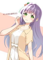 1girl alternate_hairstyle birthday blush breasts collarbone commentary corocoro567 green_eyes hair_down jewelry link!_like!_love_live! long_hair looking_at_viewer love_live! medium_breasts necklace otomune_kozue purple_hair short_sleeves solo upper_body