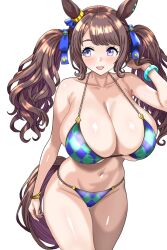 Rule 34 | 1girl, alternate costume, animal ears, bikini, bracelet, breasts, brown hair, collarbone, commentary request, cowboy shot, ear ornament, hair between eyes, haiwo, highres, horse ears, horse girl, horse tail, jewelry, large breasts, long hair, navel, purple bikini, purple nails, solo, stomach, swimsuit, tail, tosen jordan (umamusume), twintails, umamusume