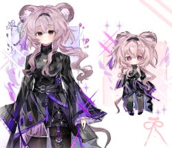 1girl absurdres animal_ears arknights black_dress black_hairband black_pantyhose chibi chinese_commentary closed_mouth commentary_request crossed_bangs dress hair_between_eyes hairband highres lin_(arknights) long_hair long_sleeves looking_at_viewer multiple_views pantyhose pink_eyes pink_hair sparkle standing white_background zhanghuaimin05516