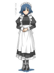 1girl apron black_dress black_shoes blue_hair bocchi_the_rock! brown_eyes dora_v_nu dress expressionless eyes_visible_through_hair grey_socks hair_ornament hair_over_one_eye hairclip highres juliet_sleeves long_dress long_sleeves maid maid_apron maid_headdress medium_hair mole mole_under_eye puffy_sleeves shoes socks solo translation_request yamada_ryo