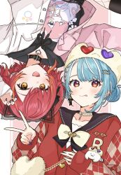 2girls animal_ears animal_hat belt_collar black_collar black_nails blue_hair blush bow bowtie braid cardigan cat_hat closed_mouth collar commentary ear_piercing fake_animal_ears fangs hat highres jacket looking_at_viewer multicolored_hair multicolored_jacket multiple_girls nekota_tsuna nekota_tsuna_(2nd_costume) open_clothes open_jacket open_mouth orange_eyes orange_hair piercing pink_jacket purple_nails red_cardigan red_hair shiranami_ramune shiranami_ramune_(2nd_costume) shirt streaked_hair tongue tongue_out two-tone_hair two-tone_jacket unimaru_go v virtual_youtuber vspo! white_hair white_hat white_jacket