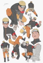Rule 34 | 1boy, bandaged arm, bandages, black jacket, blonde hair, blue eyes, forehead protector, full body, handstand, highres, jacket, konohagakure symbol, long sleeves, multiple views, naruto: the last, naruto (series), ninja, open mouth, orange pants, pants, sandals, short hair, simple background, spiked hair, uzumaki naruto, white background, zifletts