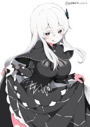 1girl absurdres black_capelet black_dress breasts butterfly_hair_ornament capelet closed_mouth clothes_lift cropped_legs dress dress_lift echidna_(re:zero) grey_eyes hair_between_eyes hair_ornament highres large_breasts leaning_forward lifting_own_clothes long_hair long_sleeves looking_at_viewer re:zero_kara_hajimeru_isekai_seikatsu sidelocks simple_background smile solo standing tongue tongue_out white_background white_gorilla_(okamoto) white_hair