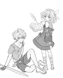 1boy 1girl absurdres arms_behind_back book coat cyrene_(honkai:_star_rail) da-un_(du) greyscale highres honkai:_star_rail honkai_(series) medium_hair monochrome open_book phainon_(honkai:_star_rail) quill sandals shirt short_hair shorts sitting smile standing sword weapon wooden_sword