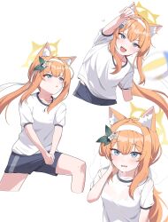 1girl absurdres animal_ear_fluff animal_ears ball blue_archive blue_eyes blush cat_ears flower gym_uniform hair_flower hair_ornament hairband halo highres long_hair mari_(blue_archive) mari_(track)_(blue_archive) multiple_views official_alternate_costume official_alternate_hairstyle orange_hair shirt short_sleeves shorts simple_background sweat volleyball_(object) white_background white_flower white_hairband white_shirt yellow_halo zanila