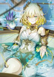 Rule 34 | 1girl, absurdres, aglaea (honkai: star rail), bare shoulders, blonde hair, breast tattoo, breasts, bug, butterfly, closed mouth, commentary, greco-roman clothes, green eyes, hand up, head wreath, highres, honkai: star rail, honkai (series), indoors, insect, jelmul, large breasts, looking at viewer, nail polish, partially submerged, short hair, smile, solo, tattoo, wet, yellow butterfly, yellow nails