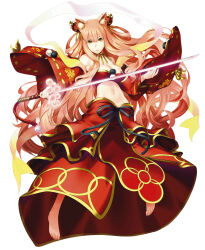1girl absurdres animal_ear_fluff animal_ears bandeau bare_shoulders breasts cherry_blossoms cleavage closed_mouth crop_top detached_sleeves expressionless fate/grand_order fate_(series) feet feet_out_of_frame floating_hair fox_ears fox_girl glowing glowing_sword glowing_weapon gold_choker gold_trim groin hagoromo hair_between_eyes hair_ornament hands_up highres holding holding_sword holding_weapon japanese_clothes katana kenmyouren_(fate) long_hair long_sidelocks long_skirt long_sleeves looking_at_viewer navel official_art orange_background orange_eyes orange_hair outstretched_arms petals pom_pom_(clothes) red_bandeau red_skirt red_sleeves shawl sidelocks skirt solo source_request stomach strapless suzuka_gozen_(fate) suzuka_gozen_(third_ascension)_(fate) sword tagme takenoko_seijin third-party_source unsheathed variant_set very_long_hair weapon wide_sleeves