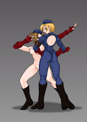2girls ass blonde_hair boots bow bowtie breasts brown_hair clothed_female_nude_female gloves hands_on_own_hips hat juli_(street_fighter) juni_(street_fighter) leotard multiple_girls nude pantyhose potan pussy salute