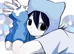 1girl animal_ear_headwear animal_ears animal_hood arm_warmers black_eyes black_hair blue_arm_warmers bone cd closed_mouth commentary fake_animal_ears fingernails hair_between_eyes hands_up highres hood light_blush looking_at_viewer original short_sleeves solo upper_body urokogaran white_background y2k_fashion