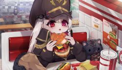 Rule 34 | 1girl, ?, ad, bat hair ornament, blush, booth seating, brown hat, brown jacket, burger, burger malfunction, cat, commission, cup, cyken (cyken0718), demon girl, demon horns, disposable cup, eating, employee uniform, english text, fast food uniform, food, french fries, hair ornament, hands on own hips, hat, heterochromia, holding, holding burger, holding food, horns, jacket, ketchup bottle, long hair, looking ahead, military hat, military jacket, nail polish, open mouth, original, poster (object), purple eyes, red eyes, restaurant, sitting, solo focus, very long hair, white hair