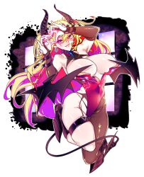 1girl bare_shoulders black_bridal_gauntlets black_horns black_tail black_wings blonde_hair breasts bridal_gauntlets cleavage demon_girl demon_horns demon_tail demon_wings dress duel_monster four-finger_heart_hands full_body heart heart_hands horns lacrima_the_crimson_tears large_breasts long_hair multicolored_hair pink_hair pointy_ears purple_eyes red_dress seisei_neko solo tail two-tone_hair two_side_up window wings yu-gi-oh!
