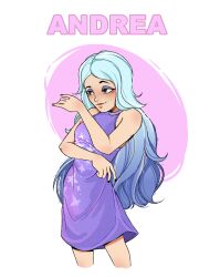1girl absurdres alternate_costume andrea_davenport artsnaoto blue_hair brown_eyes character_name dress freckles highres light_blue_hair long_hair multicolored_hair purple_dress sleeveless sleeveless_dress solo streaked_hair tagme the_ghost_and_molly_mcgee upper_body