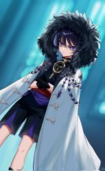 Rule 34 | 1boy, aiguillette, armor, black hair, black shirt, black shorts, blunt ends, bright pupils, closed mouth, coat, crossed arms, dutch angle, expressionless, eyeliner, eyeshadow, fatui coat, fatui logo, fur-trimmed hood, fur trim, genshin impact, gold, highres, hood, hooded coat, indoors, japanese armor, jewelry, kote, kurokote, lapels, layered shorts, makeup, male focus, mandarin collar, mitsudomoe (shape), neck ring, open clothes, open coat, purple eyes, purple rope, purple sash, purple shorts, red eyeliner, red eyeshadow, red sash, rope, sash, scaramouche (genshin impact), shimenawa, shirt, shorts, solo, tomoe (symbol), tsurime, white coat, white hood, white pupils, white rope, wispy bangs, zenoo0018