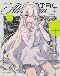 Rule 34 | 1girl, artist name, bow, closed mouth, commentary request, english text, feet out of frame, finger heart, gift, grey shorts, hairband, heart, highres, holding, holding gift, lemontea, long hair, long sleeves, looking at viewer, nail polish, original, shorts, shorts under skirt, skirt, sleeves past wrists, smile, solo, standing, valentine, very long hair, white bow, white hair, white hairband, white skirt, yellow eyes, yellow nails