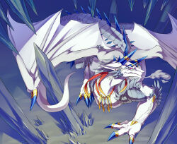 Rule 34 | blue background, colored sclera, commentary request, dragon, full body, horn ornament, horn ring, horns, jewelry, ketaru, looking at viewer, necklace, no humans, pixiv fantasia, pixiv fantasia new world, red sclera, western dragon, white eyes