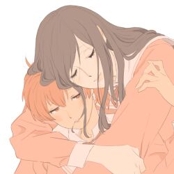 Rule 34 | 2girls, 55bata6rou, ahoge, black hair, brown shirt, closed eyes, closed mouth, hair between eyes, half-closed eyes, highres, hug, koito yuu, leaning on person, long hair, long sleeves, looking at another, multiple girls, nanami touko, neck ribbon, orange hair, orange shirt, ribbon, school uniform, shirt, short hair, simple background, smile, tohmi higashi high school uniform, upper body, white background, yagate kimi ni naru, yellow ribbon, yuri