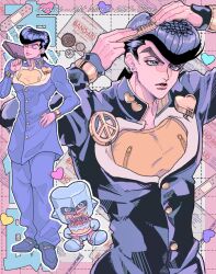 Rule 34 | 1boy, 99g q, anchor symbol, bishounen, black hair, crazy diamond, delinquent, diamond wa kudakenai, earrings, higashikata josuke, highres, jewelry, jojo no kimyou na bouken, peace symbol, pompadour, purple hair, school uniform, smile, solo