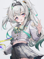 Rule 34 | 1girl, ahoge, alternate hairstyle, black hairband, blue pupils, blush, bow, bowtie, buttons, colored tips, commentary request, cowboy shot, crop top, double-breasted, firefly (honkai: star rail), firefly (spring missive) (honkai: star rail), green bow, green bowtie, green hair, grey hair, grey sailor collar, grey skirt, hair intakes, hairband, hand up, highres, honkai: star rail, honkai (series), kari90909, long sleeves, looking at viewer, multicolored hair, official alternate costume, open mouth, pink eyes, pleated skirt, ponytail, sailor collar, shirt, sidelocks, simple background, skirt, solo, stomach, w, white background, white shirt