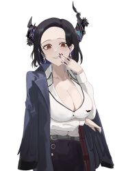 1girl absurdres asymmetrical_horns black_hair black_skirt blue_hair breasts canvas_sensei cleavage colored_inner_hair crystal_horns demon_horns dress_suit flower highres hololive hololive_english horn_flower horns jacket jacket_on_shoulders jewelry large_breasts leather_skirt looking_at_viewer mole mole_under_eye multicolored_hair nerissa_ravencroft nerissa_ravencroft_(casual) office_lady official_alternate_costume official_alternate_hair_length official_alternate_hairstyle pencil_skirt quilted_jacket red_eyes red_nails shirt skirt smile soju solo two-tone_hair uneven_horns virtual_youtuber white_shirt