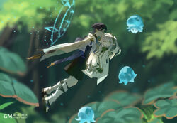 1boy 1girl anklet aqua_halo artistic_error asymmetrical_sidelocks barefoot belt black_belt black_bodysuit black_bridal_gauntlets black_hair black_leggings black_sandals blue_cape blue_eyes blunt_ends bodysuit bridal_gauntlets bright_pupils canopy_(forest) cape carrying closed_mouth colored_eyelashes cross-shaped_pupils detached_sleeves dress flying forest from_side frown fungi_(genshin_impact) furisode genshin_impact gold_trim grass green_eyes green_sleeves hair_ornament hakama hakama_shorts halo halo_behind_head hand_up hip_vent japanese_clothes jewelry kimono leaf leaf_hair_ornament leg_warmers leggings long_hair looking_to_the_side magic_circle nahida_(genshin_impact) nature open_hand open_mouth outdoors plant pleated_shorts pointy_ears princess_carry purple_rope purple_sash rope sandals sash scaramouche_(genshin_impact) short_sleeves shorts side_ponytail sidelocks socks stirrup_footwear stirrup_legwear symbol-shaped_pupils toeless_legwear toes tree turtleneck turtleneck_bodysuit wanderer_(genshin_impact) white_cape white_dress white_hair white_kimono white_leg_warmers white_mouth white_pupils white_sleeves white_socks yotsuban zouri