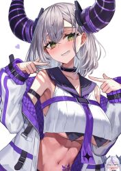 2girls alternate_costume arm_belt armpits bare_shoulders black_sailor_collar blush breasts collarbone cosplay crop_top crop_top_overhang crossed_bangs cuffs drooling grey_hair grin heart hololive horns huge_horns jacket la+_darknesss la+_darknesss_(cosplay) large_breasts long_sleeves looking_at_viewer medium_hair midriff multiple_girls navel necktie open_clothes open_jacket pointing pointing_at_self purple_necktie quilted_jacket rum_raisin_(chihiromakita19) sailor_collar shackles shirogane_noel simple_background smile solo_focus stomach stomach_tattoo striped_horns tattoo teeth upper_body virtual_youtuber white_background white_jacket