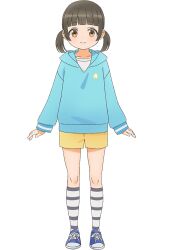 1girl black_hair blue_hoodie blue_shoes blunt_bangs brown_eyes child closed_mouth collarbone full_body hood hoodie kneeling looking_at_viewer official_art shade shirt shoes short_twintails shorts simple_background smile socks solo star_(symbol) striped_clothes striped_socks tachi-e transparent_background twintails watari-kun_no_xx_ga_houkai_sunzen watari_suzushiro white_shirt yellow_shorts