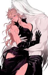 1boy 1girl alina99liang alternate_hairstyle black_gloves black_pants blue_eyes blush breasts cleavage cloud_strife elbow_gloves final_fantasy final_fantasy_vii final_fantasy_vii_advent_children genderswap genderswap_(mtf) gloves grey_hair hand_on_another&#039;s_arm highres holding hug long_hair pants parted_lips partially_unzipped sephiroth sleeveless spiked_hair standing toned toned_male topless_male torn_clothes waist_cape