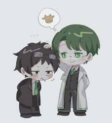 2boys ? ?? arm_behind_back arms_behind_back black_coat black_eyes black_hair black_vest blush chibi chibi_only coat collared_shirt curtained_hair dongrang_(project_moon) doodle_inset double-parted_bangs eyewear_on_head full_body glasses green_eyes green_hair green_necktie grey_background headpat id_card implied_yaoi leaning_forward limbus_company lollipop_in_mouth looking_at_another multiple_boys necktie project_moon samjo_(project_moon) shirt smile speech_bubble standing sweatdrop swept_bangs thought_bubble vest white_coat white_shirt wuruko