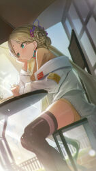 1girl absurdres bindi black_thighhighs brown_hair child coat drink dutch_angle earrings green_eyes heaven_burns_red higashigure highres holding holding_drink jewelry long_hair long_sleeves parted_bangs second-party_source sitting solo thighhighs triangle_earrings upper_body very_long_hair vritika_balakrishnan white_coat