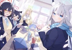 Rule 34 | 5girls, ahoge, animal ear fluff, animal ears, ayane (blue archive), black hair, blonde hair, blue archive, blue eyes, blue halo, blue necktie, blue scarf, braid, breasts, clipboard, cross hair ornament, crossed bangs, double-parted bangs, extra ears, falling petals, fang, glasses, green halo, grey hair, hair ornament, hair ribbon, halo, harebare yurata, highres, holding, holding clipboard, holding pen, hoshino (blue archive), huge ahoge, large breasts, long hair, long sleeves, looking at viewer, medium hair, multiple girls, necktie, nonomi (blue archive), pen, petals, pink hair, pink halo, pointy ears, red-framed eyewear, red halo, ribbon, scarf, serika (blue archive), shiroko (blue archive), sidelocks, skin fang, sleeves past wrists, smile, twintails, yellow eyes