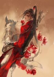 1boy alternate_costume animal arrow_(projectile) black_eyes black_hair brown_hair chinese_clothes circlet closed_mouth faux_traditional_media flower hanfu high_ponytail highres holding holding_flower holding_reins horse horseback_riding ink_wash_painting kcllzas163 light_particles long_hair long_sleeves looking_at_viewer looking_back male_focus modao_zushi ponytail quiver red_flower red_hanfu reins riding robe smile solo third-party_source very_long_hair weapon weapon_on_back wei_wuxian white_horse xiao_guan_(headdress)