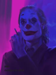 Rule 34 | 1boy, batman (series), between fingers, black jacket, blazer, blue background, blue theme, cigarette, closed mouth, clown, collared jacket, collared shirt, dated, dc comics, facepaint, grey hair, holding, holding cigarette, jacket, limited palette, long sleeves, male focus, pink background, realistic, red nose, shirt, short hair, smoke, smoking, solo, the joker, two-tone background, upper body, white shirt, ye dian pikaqiu