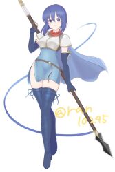 1girl armor blue_boots blue_dress blue_eyes blue_gloves blue_hair blush boots breastplate breasts catria_(fire_emblem) closed_mouth dress elbow_gloves fire_emblem fire_emblem_echoes:_shadows_of_valentia gloves highres holding holding_polearm holding_weapon lance looking_at_viewer medium_breasts medium_hair nintendo polearm ran10295 red_scarf scarf simple_background smile solo thigh_boots tunic weapon white_background