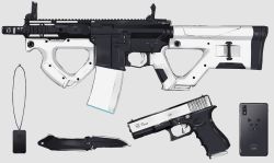 ar-15 assault_rifle cellphone glock grey_background gun handgun knife lanyard nagishiro_mito no_humans original phone pistol rifle simple_background weapon weapon_focus weapon_request