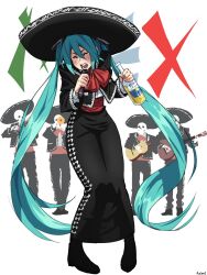 1girl acoustic_guitar aqua_hair auenke black_sleeves blue_hair bow breasts calavera charro commentary dress english_commentary guitar hair_between_eyes hat hatsune_miku highres holding instrument jacket long_hair mariachi mexican_clothes mexico mixed-language_commentary multiple_boys open_mouth shirt simple_background skirt sombrero spanish_commentary trumpet twintails very_long_hair vocaloid white_background