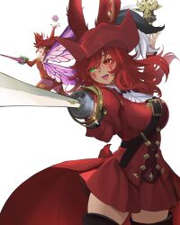 2girls absurdres animal_ears boots dark-skinned_female dark_skin facial_tattoo fairy feo_ul final_fantasy final_fantasy_xiv green_eyes hat heterochromia highres holding holding_sword holding_weapon long_hair multiple_girls open_mouth rabbit_ears rabbit_girl rabbit_tail rapier red_eyes red_hair red_hat red_mage_(final_fantasy) red_shirt red_skirt ritence shirt skirt sword tail tattoo thigh_boots viera warrior_of_light_(ff14) weapon white_background