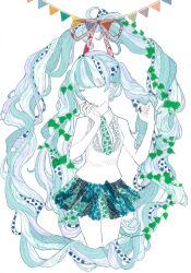 1girl 922pochan absurdly_long_hair aqua_hair aqua_skirt bare_arms bare_shoulders bunting closed_eyes collared_shirt colored_eyelashes commentary_request cropped_legs hands_up highres leaf long_hair masking_tape_(medium) mixed_media necktie no_mouth no_nose plant red_ribbon ribbon shirt short_necktie sidelocks skirt sleeveless sleeveless_shirt solo swept_bangs thighs traditional_media unconventional_media very_long_hair vocaloid white_background white_necktie white_shirt
