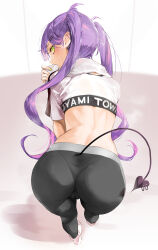 1girl absurdres ass barbell_piercing bent_over black_pants cameltoe character_name commentary_request crop_top demon_girl demon_tail ear_piercing earrings from_behind full_body green_eyes hair_ornament hairclip highres holding holding_towel hololive hololive_dance_practice_uniform jewelry kuroi_suna long_hair looking_back multicolored_hair official_alternate_costume pants pantylines piercing pink_hair purple_hair revision solo streaked_hair sweat tail tokoyami_towa towel towel_around_neck very_long_hair virtual_youtuber yoga_pants