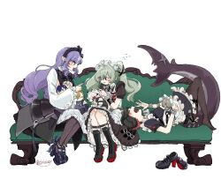 3girls alexandrina_sebastiane belle_(zenless_zone_zero) black_dress black_hair black_pantyhose blush bow bowtie character_doll corin_wickes couch dress ellen_joe fins fish_tail green_hair hair_between_eyes highres hugo_vlad lying maid maid_headdress multiple_girls on_back on_couch pantyhose platform_heels pointy_ears puffy_sleeves purple_bow purple_bowtie purple_eyes purple_hair screw_hair_ornament shark_girl shark_tail shrug_(clothing) sitting smile tail twintails vivian_banshee von_lycaon white_background white_shrug wise_(zenless_zone_zero) yawning zenless_zone_zero zizizizzy
