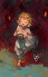1girl armlet bare_shoulders blonde_hair bracelet circlet closed_eyes commentary_request dress earrings from_above full_body gloom_spawn hands_on_own_chest highres jewelry korean_commentary myon_(myonninn) necklace nintendo open_mouth pointy_ears princess_zelda short_hair smile solo strapless strapless_dress teardrop_facial_mark the_legend_of_zelda the_legend_of_zelda:_tears_of_the_kingdom white_dress