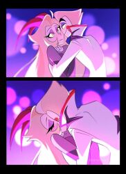 Rule 34 | 1boy, 1girl, blonde hair, blush stickers, commentary, couple, demon boy, demon girl, english commentary, english text, face-to-face, hair slicked back, hazbin hotel, hetero, highres, husband and wife, kiss, lilith (hazbin hotel), looking at another, lucifer morningstar (hazbin hotel), reminoaa