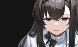 arknights black_background black_headband brown_eyes brown_hair crying crying_with_eyes_open headband highres lab_coat open_mouth priestess_(arknights) shirt simple_background soles_badman streaming_tears sweater tears turtleneck turtleneck_shirt turtleneck_sweater