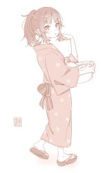 1girl akari_(raigou) bow commentary_request earrings elf floral_print floral_print_kimono highres holding japanese_clothes jewelry kimono looking_at_viewer open_mouth original platform_sandals pointy_ears ponytail print_kimono raigou seal_impression sepia sidelocks solo thick_eyebrows white_background